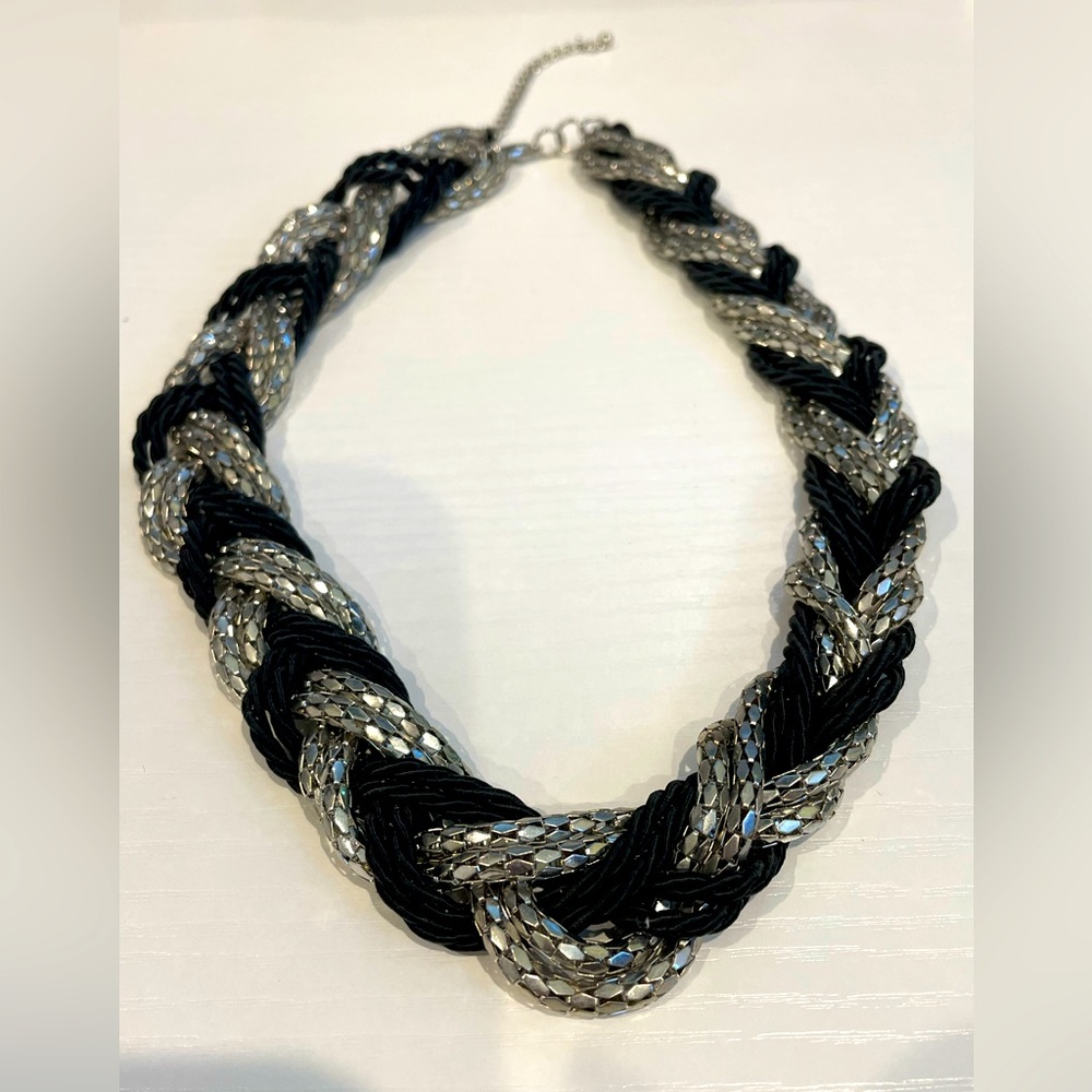 Vitage Silver Black Beaded Braided Torsade Choker Necklace Expandable with Clasp